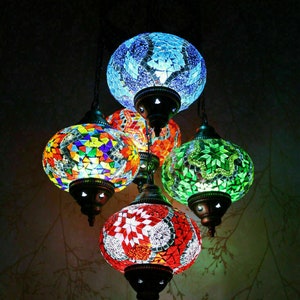 Turkish Mosaic Chandelier Lamp - 5 Large Globe - Turkish Moroccan Mosaic Hanging Ceiling Lantern Lamp -Free LED Bulb | Next Day Delivery