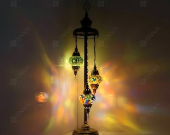 Turkish Lamp - 3 Large Globe - Turkish Moroccan Mosaic Floor Lamp Light - Free LED Bulbs - 5 Style & Color
