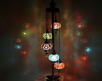 Turkish Mosaic Floor Lamp: Bohemian Multicolour Glass, 5 Globe