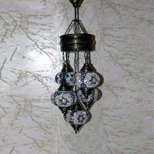Turkish Mosaic Chandelier Lamp - 5 Large Globe - Turkish Moroccan Mosaic Hanging Ceiling Lantern Lamp -Free LED Bulb