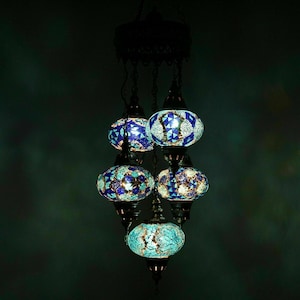 Turkish Mosaic Chandelier Lamp - 5 Large Globe - Turkish Moroccan Mosaic Hanging Ceiling Lantern Lamp -Free LED Bulb