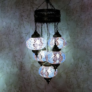 Turkish Mosaic Chandelier Lamp - 5 Large Globe - Turkish Moroccan Mosaic Handmade Hanging Ceiling Lantern Lamp - Free LED Bulb