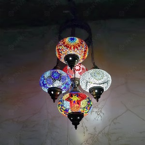 Turkish Mosaic Chandelier Lamp - 5 Large Globe - Handmade Turkish Moroccan Mosaic Hanging Ceiling Lantern Lamp -Free LED Bulb