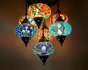 Turkish Moroccan Glass Mosaic Hanging Ceiling Chandelier Lamp 7 Large Globe- Free Bulb | Next Day Delivery