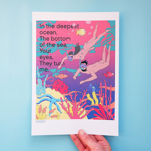 A4 ART PRINT *CUSTOMISABLE* - Weird Fishes - Naked Couple Snorkelling - Radiohead Song - Digital Drawing