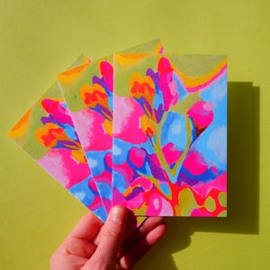 BIGLIETTI DI AUGURI - Confezione da 3 - Fresie danzanti A6 - Disegno a pastello a olio e penna a pennello - Compleanno, celebrazione, fiori, biglietti di auguri
