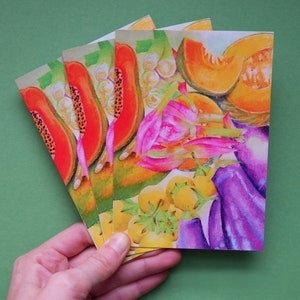 WENSKAARTEN - Fruit- en groentenmarkt A6 - Pack van 3 - Aquarel en pasteltekening - notitiekaarten, verjaardagskaarten, feestkaarten