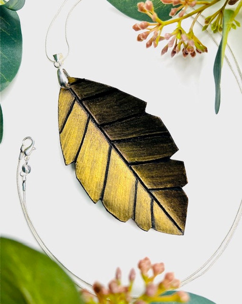 Iridescent Leather Feather Necklace 925 Sterling Silver Gold Feather ...