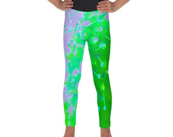 Colorful Leggings for Toddlers, Abstract Pincushion Flower in Lavender and Green, Kid’s Leggings, Fun Printed Pants for Girls and Boys