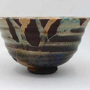 Raku teabowl with iron and copper glazes, chawan &#39;Ido&#39; type.