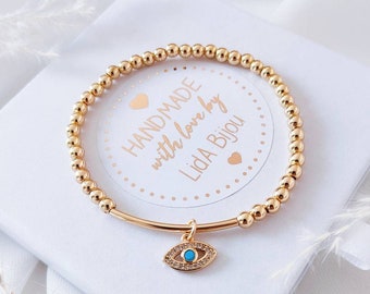 Evil Eye Bracelet, Protection Talisman Jewelry, Amulet Friendship Gift For Her, *14K Gold Plated Beads* Long Lasting Colour