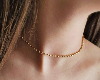 Minimalist Gold Beaded Choker Necklace, Layering Short Simple Necklace, Gold Chain Choker, Women's Dainty Choker