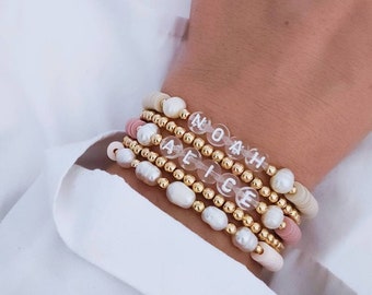 Clear Letter Pearl Name Heishi Bracelet, Personalized Jewelry For Her, Custom Gift For Mom