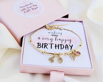 Personalised Birthday Bracelet Gifts For Her, Age Birthstone Initial Adjustable Bracelet