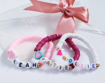 Personalized Bracelet Gifts For Kids, Girls Name Heart Heishi Bracelet, Christmas Gift for Daughter, Friendship Bracelets