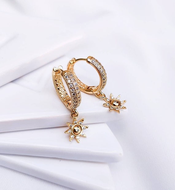 CZ Sun Dangling Hoops , Huggie Hoop Earrings, Celestial Gold Plated Dangle Earrings, Best Friend Gift