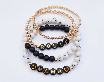 Personalized Beaded Name Bracelet: Dalmatian Jasper & Black Agate