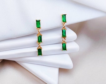 Green Emerald CZ Three Baguettes Stud Simple Earrings, Minimalist Dangle & Drop Gold Earrings