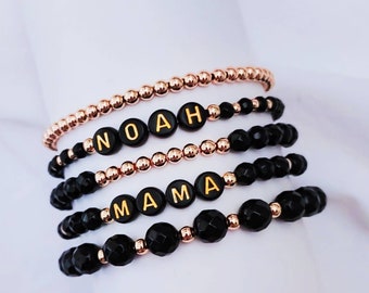 Black Faceted Onyx Beaded Bracelet, Bracelets For Woman, Personalized Beaded Custom Name Bracelets, Gemstone Bracelet, Mama Custom Gift