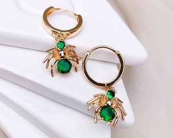 Spider Green CZ Dangle Gold Hoop Earrings, Nature Inspired Huggie Hoop Earrings, Insect Jewelry