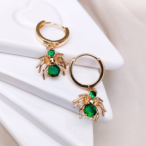 Spider Green CZ Dangle Gold Hoop Earrings, Nature Inspired Huggie Hoop Earrings, Insect Jewelry