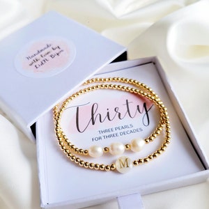 30th/40th/50th/60th Birthday Gift, Natural Pearls Personalised Initial Bracelets Set Gifts For Women, Birthday Custom Jewelry Gifts For Her