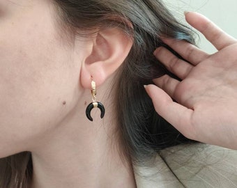 Black Agate Moon Gold Plated Earrings, Huggie Hoop Earrings, Dangle And Drop Gemstone Earrings