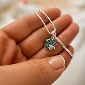 May include: A silver necklace with a four-leaf clover pendant. The clover is green with a small silver tag that says "LUCK". The necklace is held in a hand.