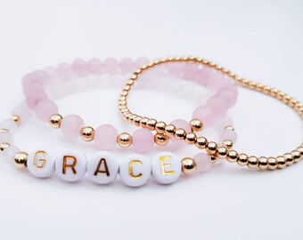 Matte Rose Quartz Name Bead Bracelets, Custom Bracelet, Mom Gift