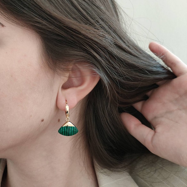 Malachite Fan Gold Earrings, Huggie Hoop Earrings, Drop Dangling Earrings, Nana Gift For Mom