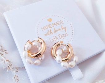 Pearl Circle Huggie Hoop Earrings, Minimalist Gold Or Silver Hoop Earrings, Chunky Earring For Women Jewelry Gift For Sister Mom Best Friend