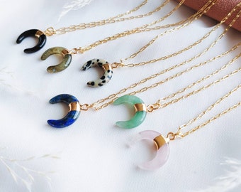 Crescent Moon Gemstone Gold Necklaces, Rose Quartz Aventurine Women's Necklace