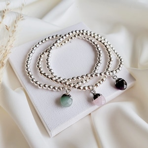 Gemstone Crystal Silver Beaded Stacking Bracelets, Amethyst Rose Quartz Aventurine Minimalist Elastic Bead Bracelets Christmas Gifts