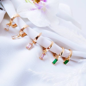 CZ Baguette Gold Plated Huggie Hoop Earrings, Minimalist Jewelry Gifts For Her, Emerald Green Drop Dangling Earrings