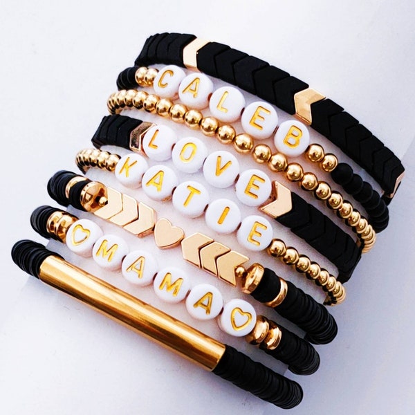 Black Beaded Name Bracelet, Custom Bracelets, Mama Gift