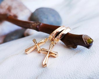 Cross Huggie Hoops, Cross Earrings, Cross Hoops Gold Earrings, Hoop with Cross, Charm Hoop Earrings, Jewelry For Women