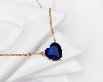 Blue Sweetheart Zirconia Gold Plated Necklace, Large Colour Heart Gold Necklace, Women's Heart Jewelry Necklace, Gift For Her