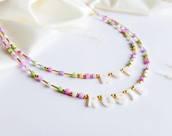 Pastel Colourful Beaded Name Initial Necklaces with Pearl Letter