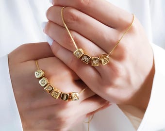 Square Letter Name Necklace: 14K Gold Plated Personalized Jewelry
