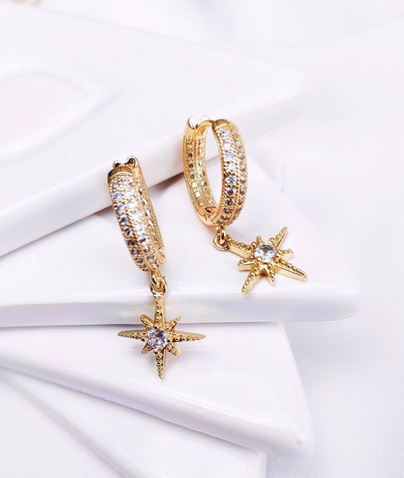 CZ Starburst Huggie Hoop Earrings, Gold Earrings, Star