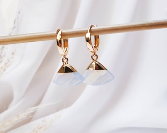 Opal Fan Huggie Hoop Earrings, Gold Earrings, Drop Gemstone Earrings, Gift For Women