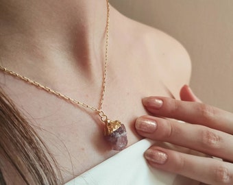 Natural Raw Strawberry Quartz Crystal Necklace, Gemstone Pendant Gold Plated Necklaces Women's Jewelry, Mother Of Bride Gifts For Her