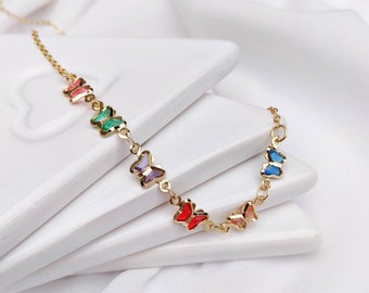 Cute Coloured CZ Butterfly Dainty Gold Necklace, Colour Tiny Butterfly Necklace, Jewelry Gifts For Girlfriend Wife Moms Sister