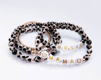Dalmatian Onyx Name Bracelet,  Beaded Bracelet, Personalized Beaded Custom Name Bracelets, Gemstone Bead Bracelet, Women Gift For Her, Mama