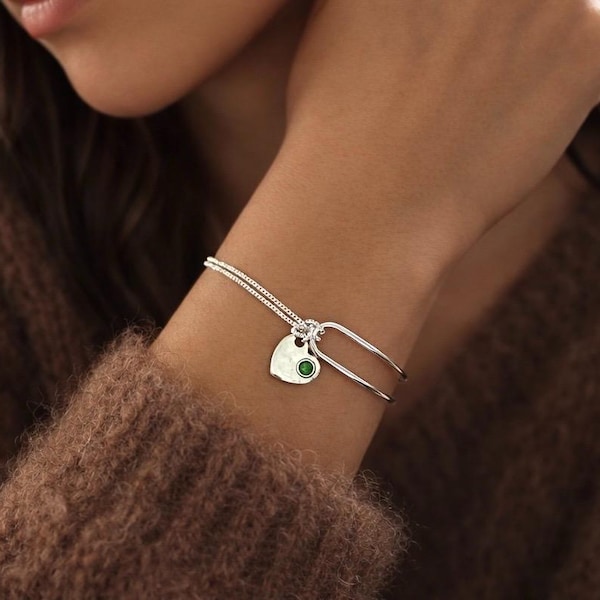 Birthstone Bracelet For Women, Birthstone Sterling Silver Bangle Bracelets, Birthday Jewellery Gift For Her