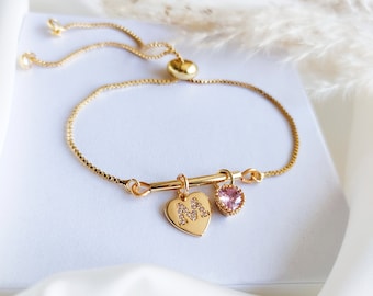 Personalized Birthstone Initial Bracelet,  Custom Jewellery Gifts For Women, Adjustable Dainty Gold Bracelet, Birthday Gift For Her New Mom