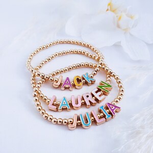Enamel Cut Out Name Gold Bracelet, Personalized Gift For Her, Custom Bead Bracelet Gifts For Women's Mom