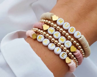 Bracelet de perles personnalisé coeur, cadeaux bijoux personnalisés pour elle, bracelet prénom Heishi, cadeau pour enfant, cadeaux pour femme