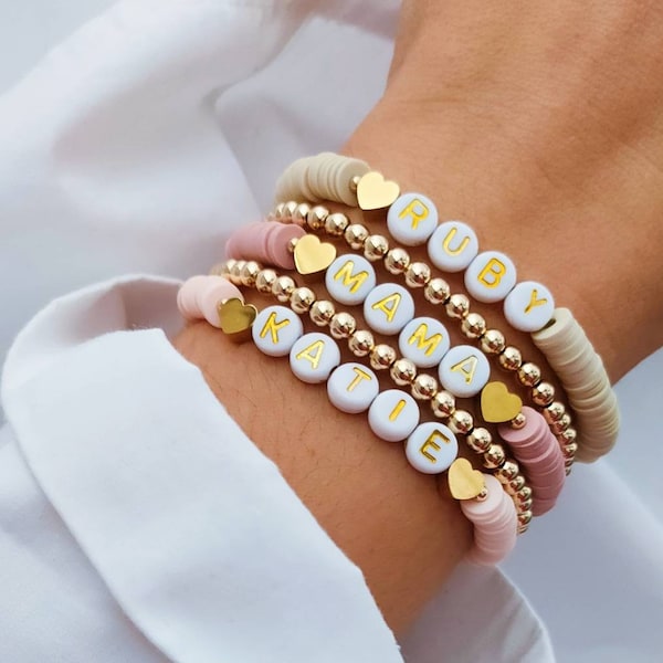 Bracelet de perles personnalisé coeur, cadeaux bijoux personnalisés pour elle, bracelet prénom Heishi, cadeau pour enfant, cadeaux pour femme