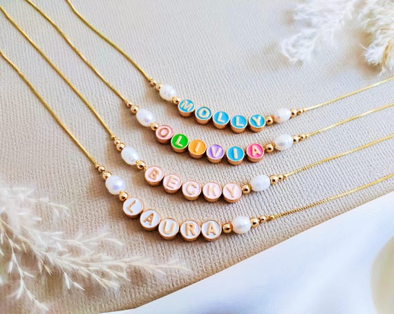 Custom Name Pearl Necklace: Enamel Letter Beads, 14K Gold Plated